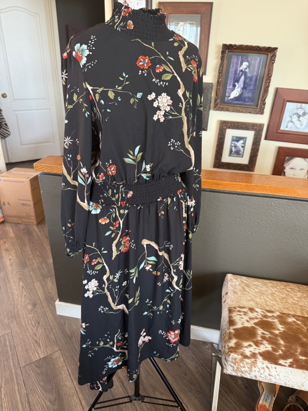 Nanette Lepore Black Floral Long-Sleeve Smocked Midi Dress size 10